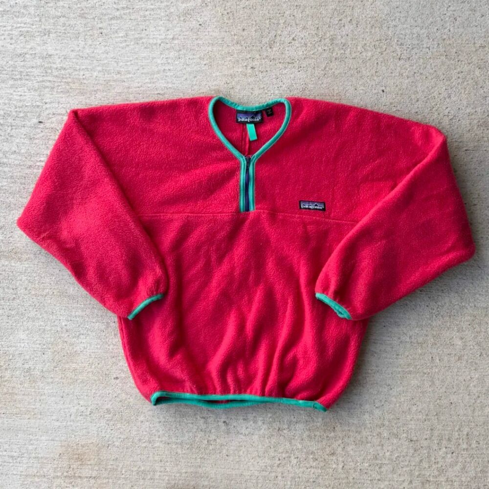 Vintage 80s Patagonia USA 1/4 Zip Fleece Pullover Pink Teal Trim Size Medium
